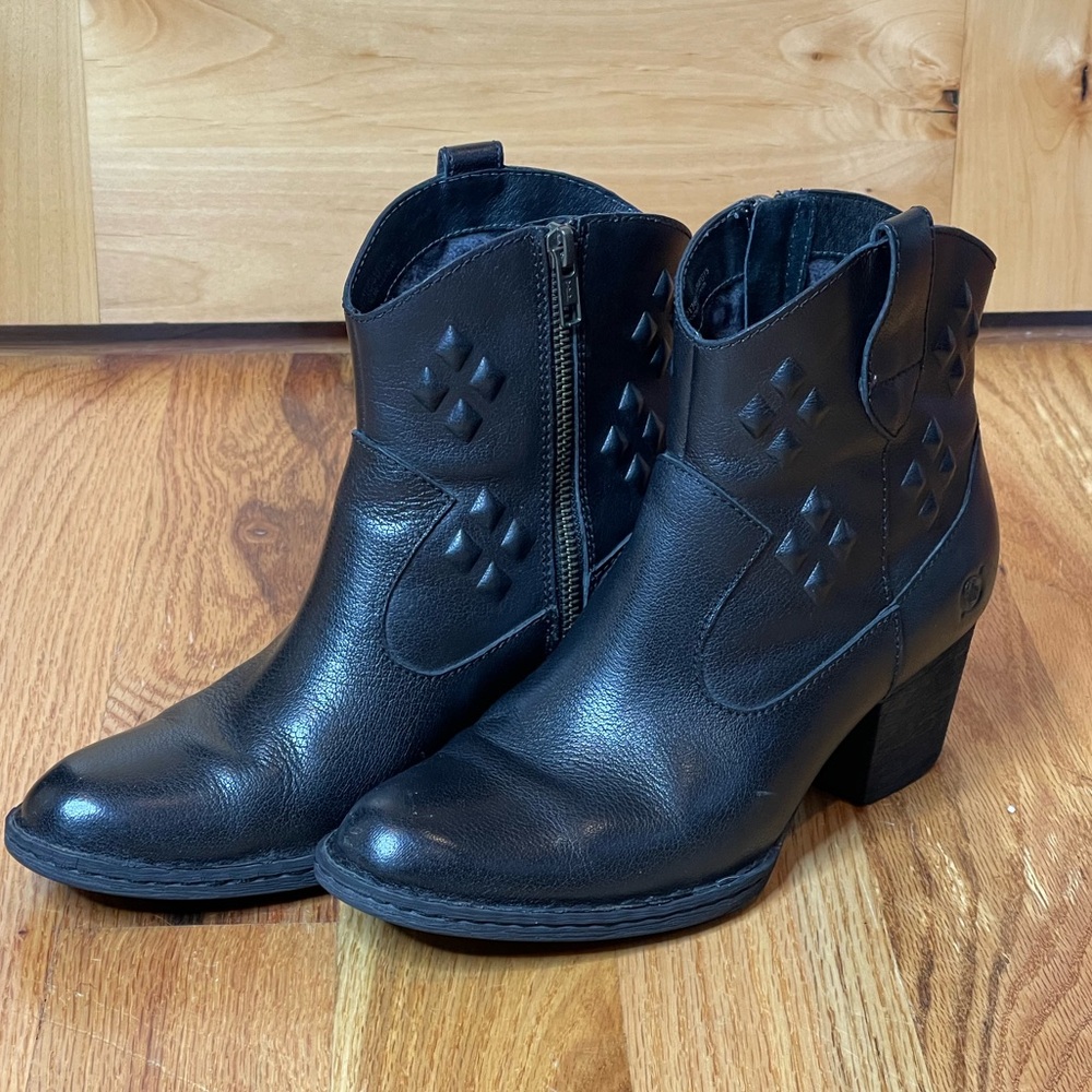 Born Black Leather Western Ankle Boots